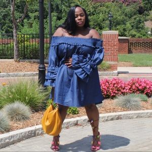 Blue, Denim, off the shoulders,ruffle sleeve Dress